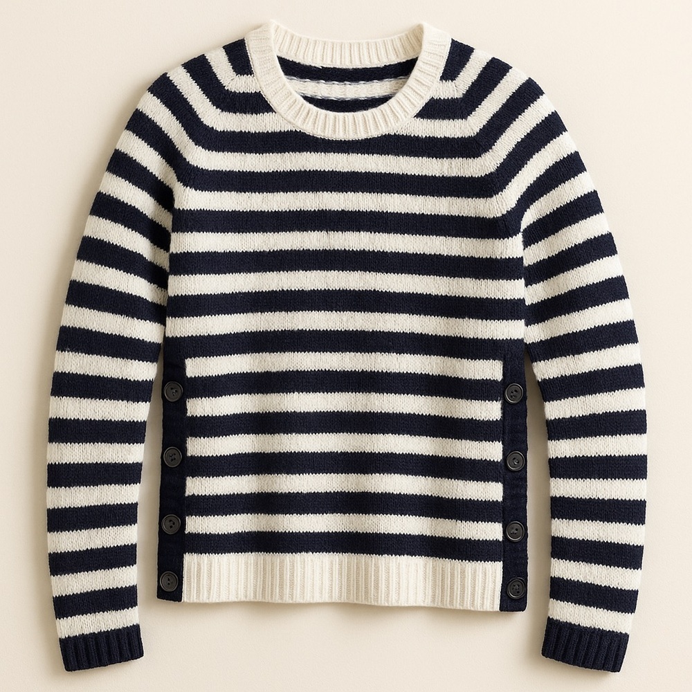 ❄️ J. Crew | Navy Blue Wool Blend Striped Side Button Soft Fuzzy Sweater Small